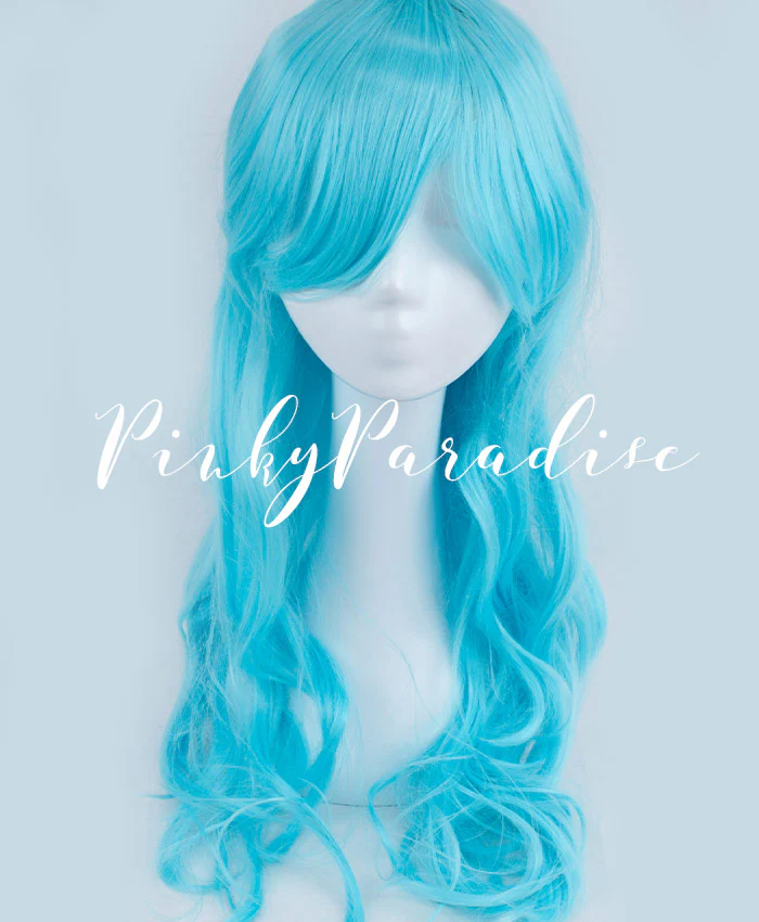 Cyan Bright Light Blue Long Wavy Wig 65cm - Image 2